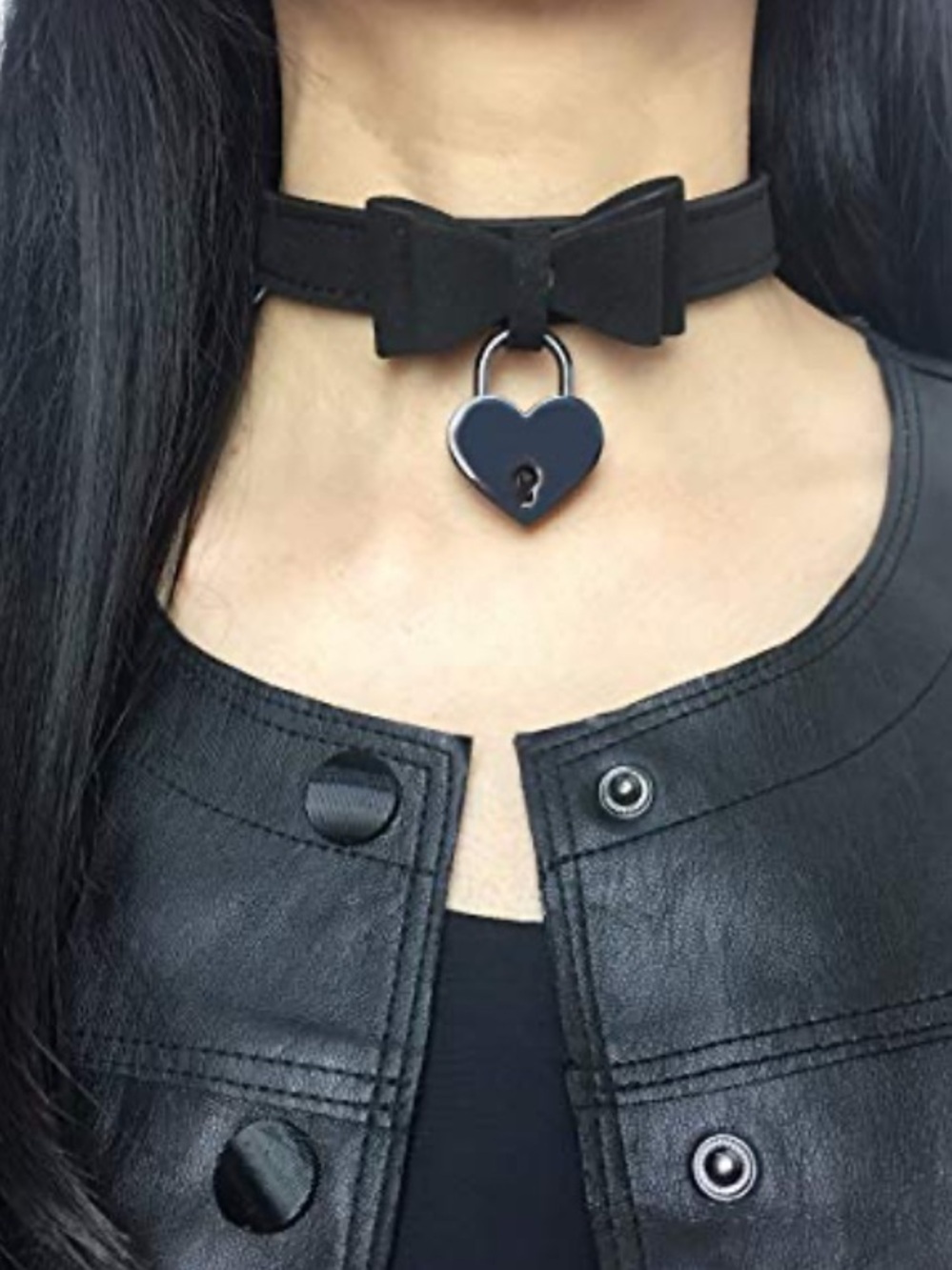 Black Leather Heart Lock Choker Necklace Sexy Adjustable - Picture 2 of 8